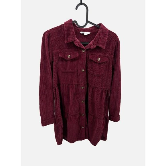American Eagle Burgundy Button-Up Babydoll Shirt Dress Size XS 100% Cotton - Picture 1 of 3